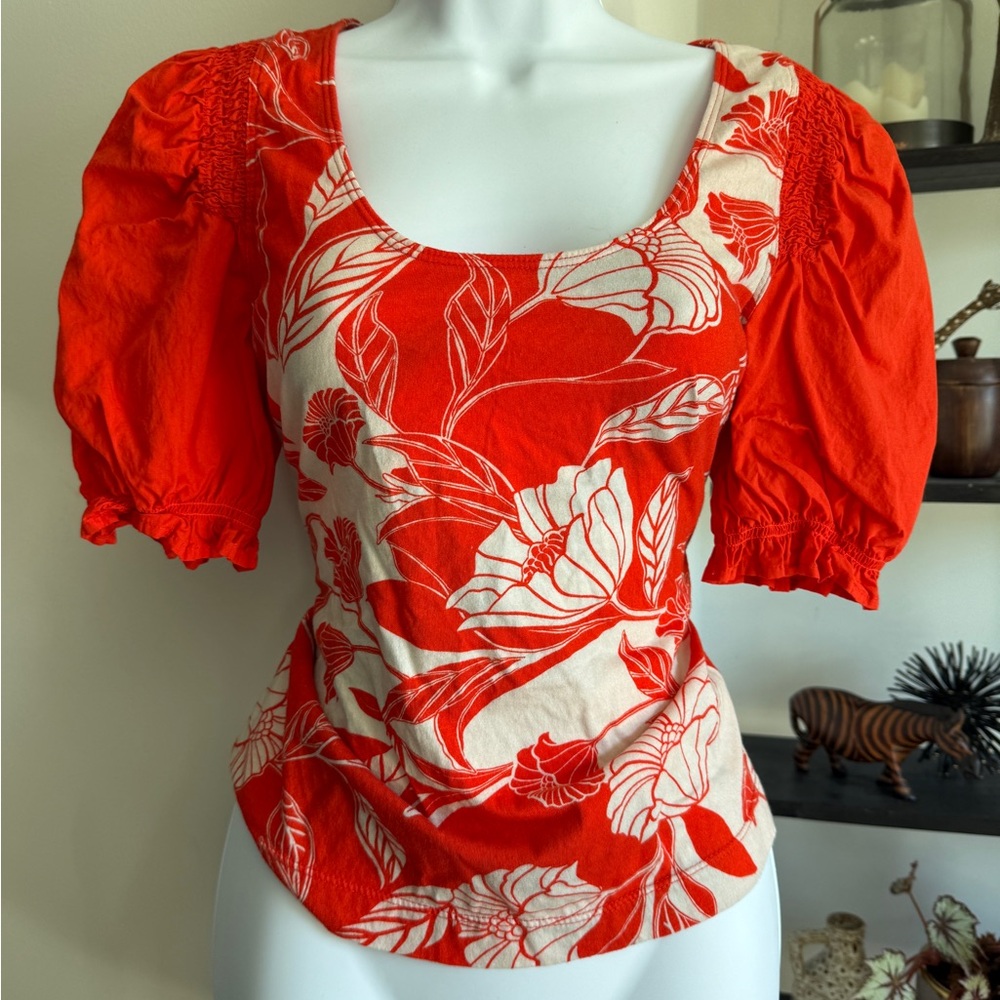 Maeve Red and Cream Ruched Puff Sleeve Blouse